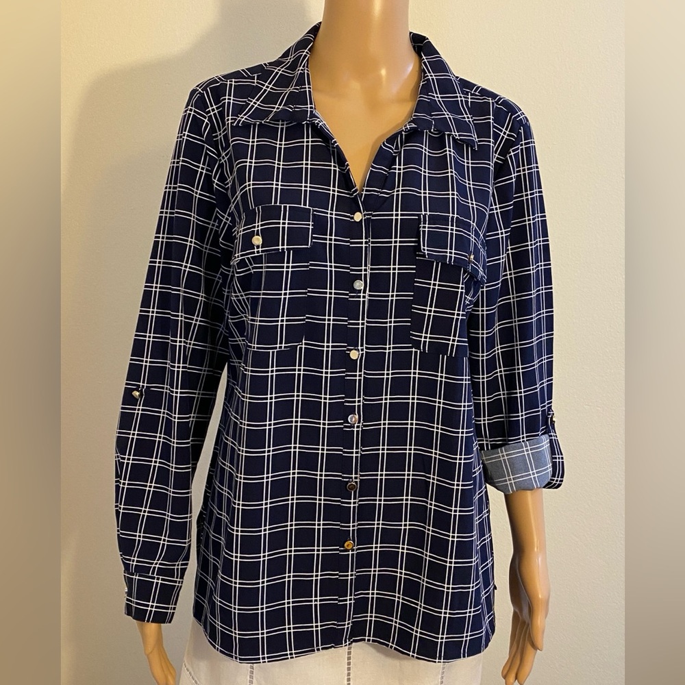 Notations Long Sleeve Navy Blue & White Plaid Women's Blouse